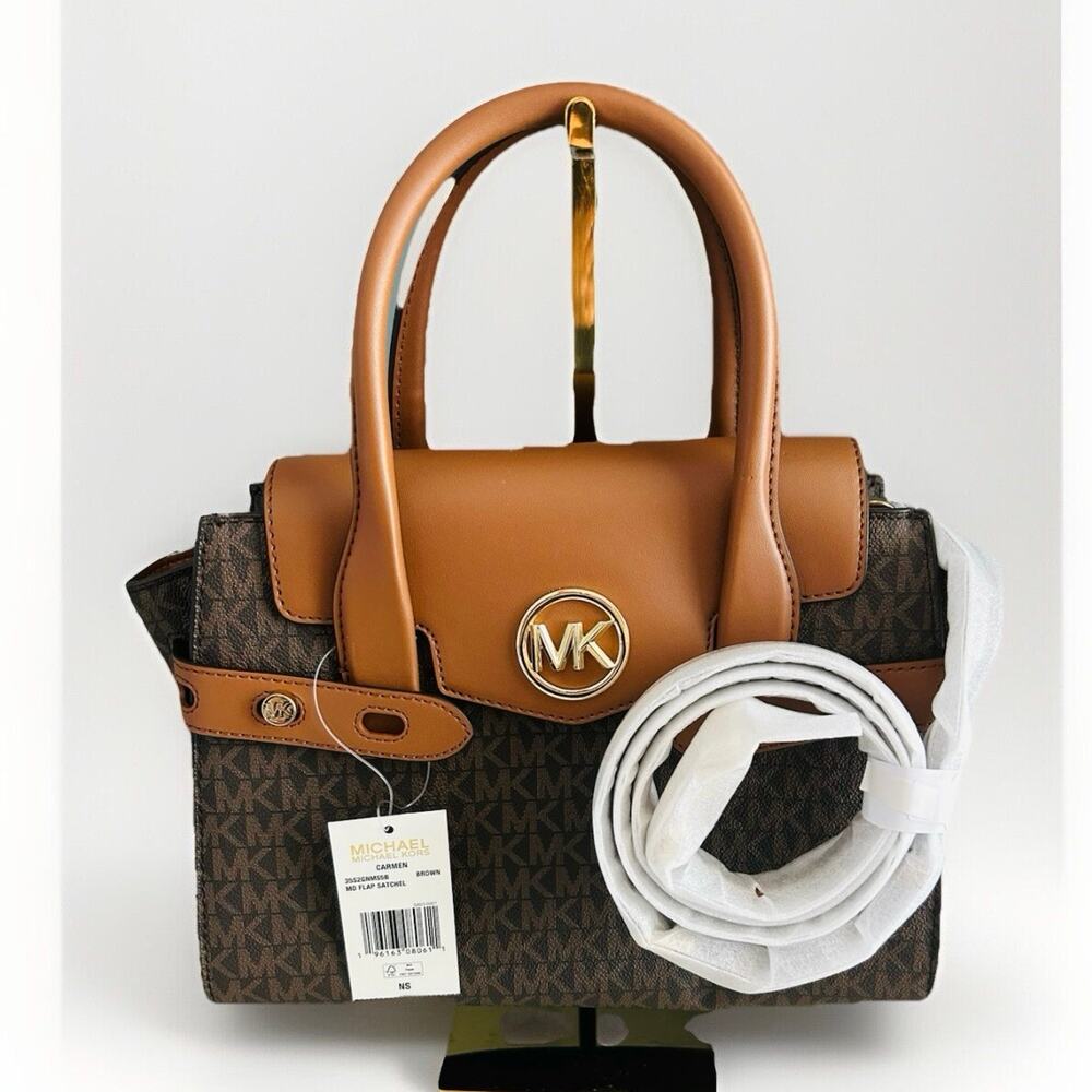 Michael Kors Carmen Medium Flap Satchel Brown Handbag MK Crossbody Bag Purse New